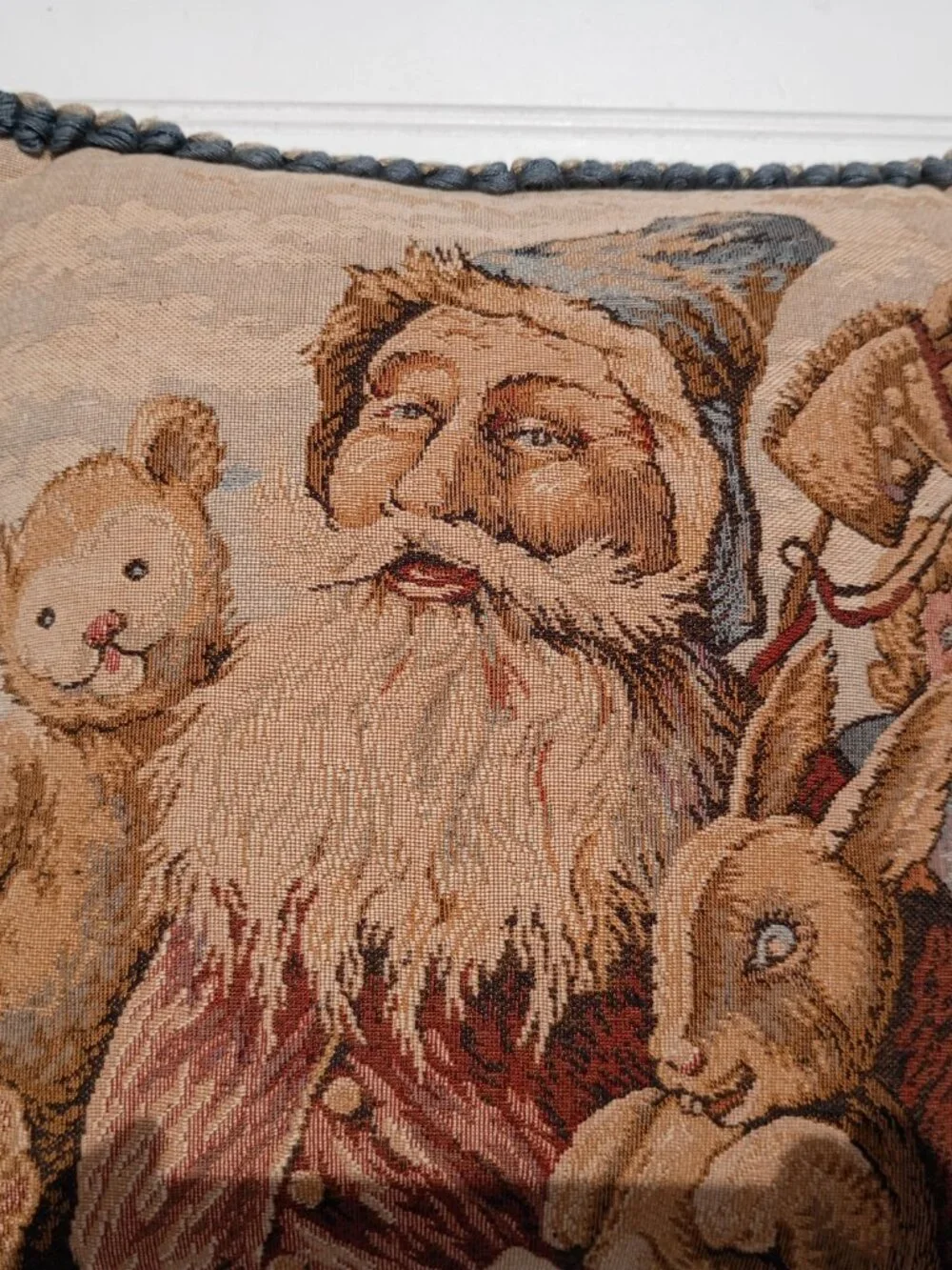 Vintage Tapestry Throw Pillow Santa Claus Old World Christmas Decor Folk Art Vtg